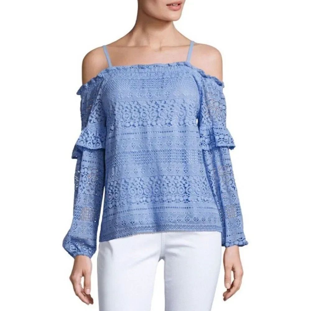 NWT PARKER "JORDANA" COLD SHOULDER EYELET LACE BLOUSE TOP Sz XS POWDER BLUE $210
